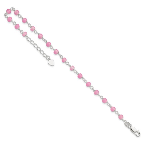 Sterling Silver Pink Glass Bead with Heart Dangle 8 inch Plus 1 inch Extender - Total 9 inch Anklet