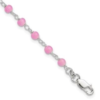 Sterling Silver Pink Glass Bead with Heart Dangle 8 inch Plus 1 inch Extender - Total 9 inch Anklet