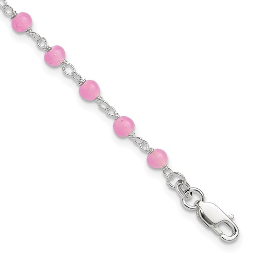 Sterling Silver Pink Glass Bead Anklet with Heart Dangle Plus 1 Inch Extender - Total 9 Inch, 8"