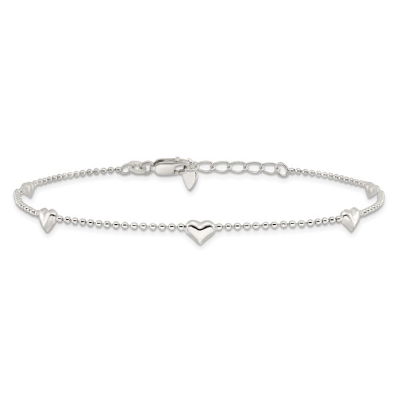 Sterling Silver Puffed Heart 5-Station 9 inch Plus 1 inch Extender - Total 10 inch Anklet