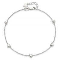 Sterling Silver Puffed Heart 5-Station Plus 1 Inch Extender - Total 10 Inch Anklet, 9" view 5