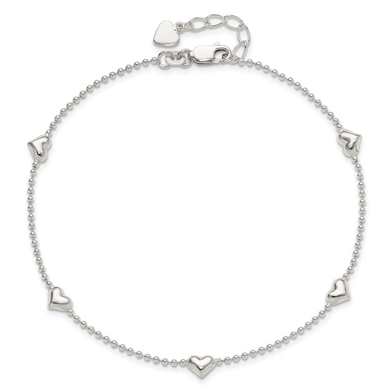 Sterling Silver Puffed Heart 5-Station 9 inch Plus 1 inch Extender - Total 10 inch Anklet