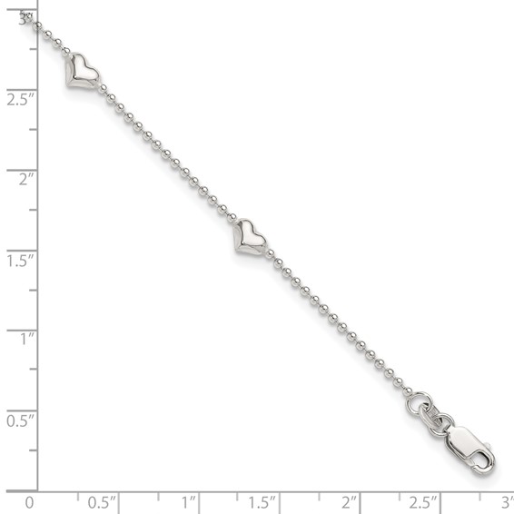 Sterling Silver Puffed Heart 5-Station 9 inch Plus 1 inch Extender - Total 10 inch Anklet