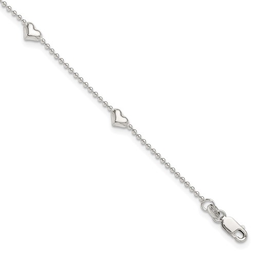Sterling Silver Puffed Heart 5-Station Plus 1 Inch Extender - Total 10 Inch Anklet, 9"
