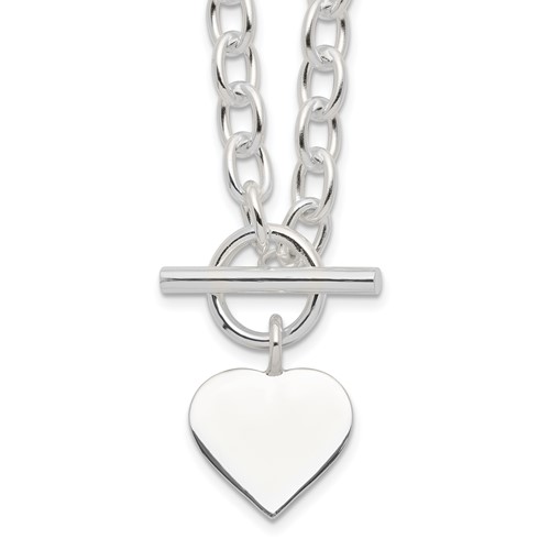 Sterling Silver Engravable 18mm Heart Charm Rolo Link 18 Inch Toggle Necklace