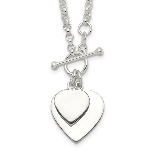 Sterling Silver Polished Engravable 29mm Double Heart Toggle Necklace, 18"