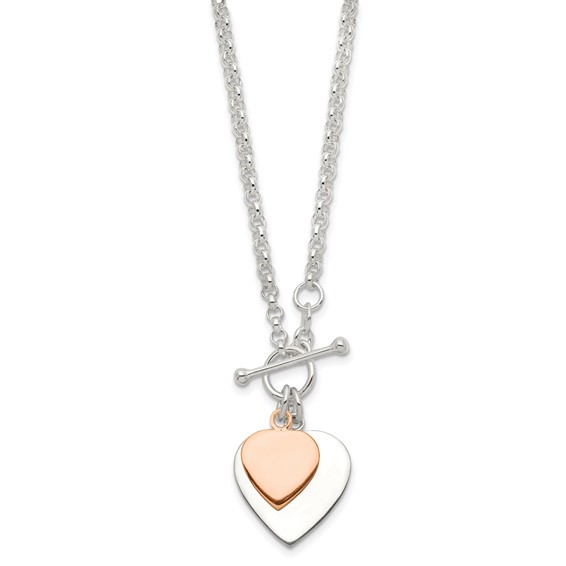 Sterling Silver w/Rose gold-plat Engraveable Double Heart Toggle Necklace