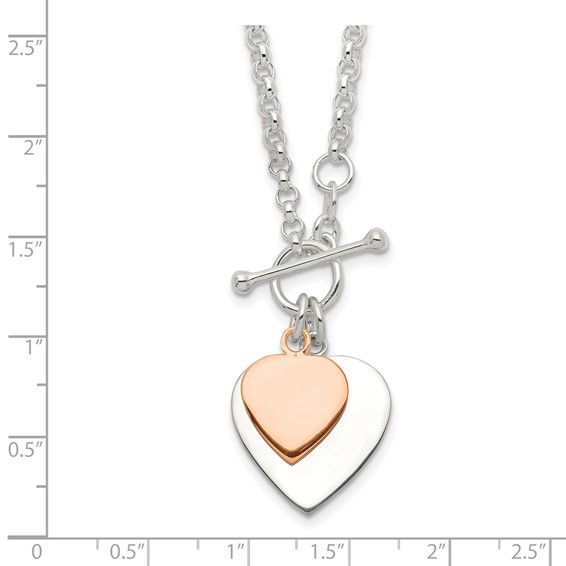Sterling Silver w/Rose gold-plat Engraveable Double Heart Toggle Necklace