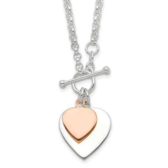 Sterling Silver w/Rose gold-plat Engraveable Double Heart Toggle Necklace
