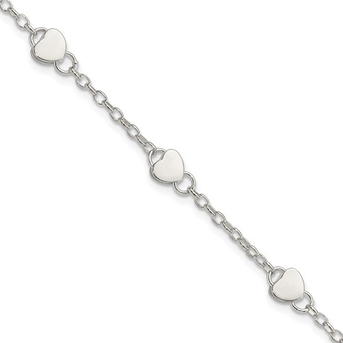 Sterling Silver Hearts Plus 1 Inch Extension Bracelet, 5"