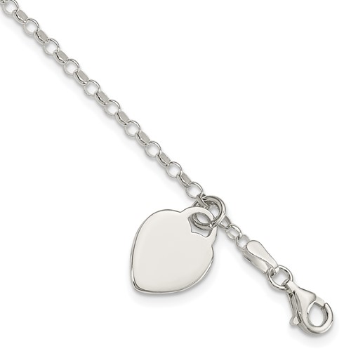 Sterling Silver Engravable 12mm Heart Charm Cable Link Bracelet, 6"