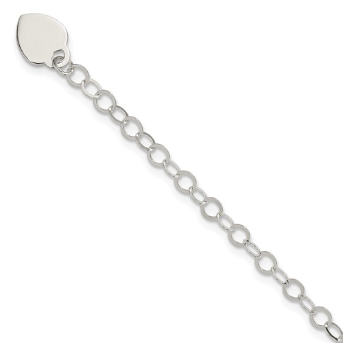 Sterling Silver Engravable 8mm Heart Charm Cable Link Bracelet, 6"