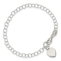 Sterling Silver Round Link Bracelet with Heart Dangle Charm - 6in view 3