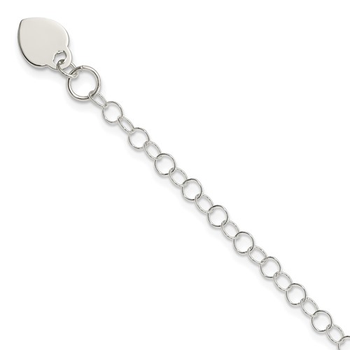 Sterling Silver Round Link Bracelet with Heart Dangle Charm, 6"