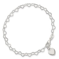 Sterling Silver Fancy Heart Link Bracelet with Heart Dangle Charm, 6" view 3