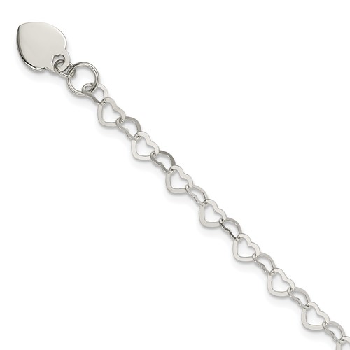 Sterling Silver Fancy Heart Link Bracelet with Heart Dangle Charm, 6"