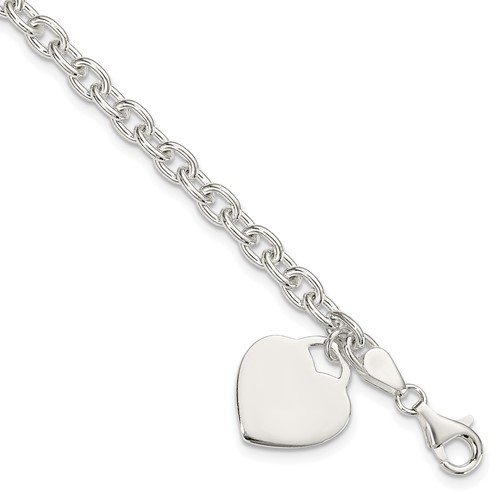 Sterling Silver Engravable 18mm Heart Charm Rolo Link Bracelet, 8.5"