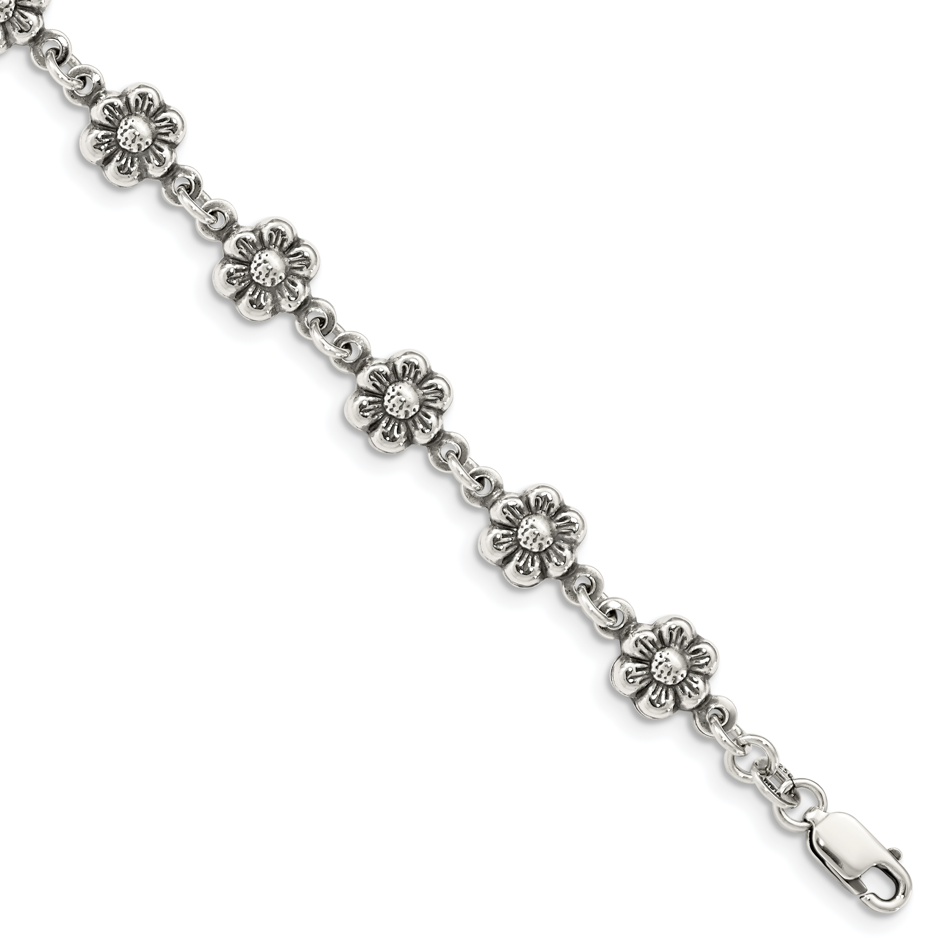 Sterling Silver Antiqued Flower Charm Bracelet (QG1548-7)