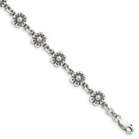 Sterling Silver Antiqued Flower Link Bracelet - 7in view 1