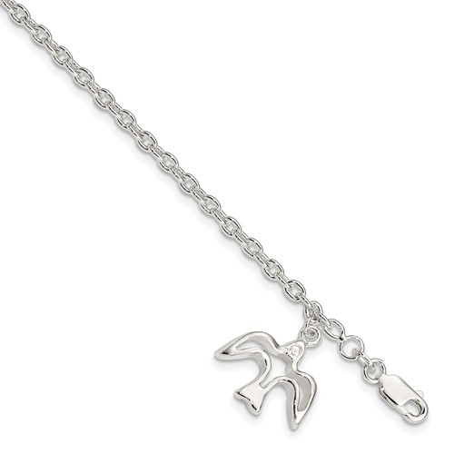 Sterling Silver Polished Dove Charm Bracelet, 7"