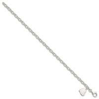 Sterling Silver Solid Engravable 9mm Heart Charm Oval Rolo Link Bracelet, 7" view 2