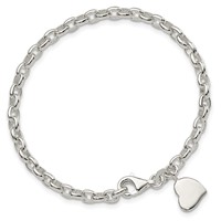 Sterling Silver Solid Engravable 9mm Heart Charm Oval Rolo Link Bracelet, 7" view 3