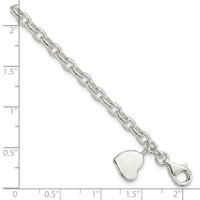 Sterling Silver Solid Engravable 9mm Heart Charm Oval Rolo Link Bracelet, 7" view 4