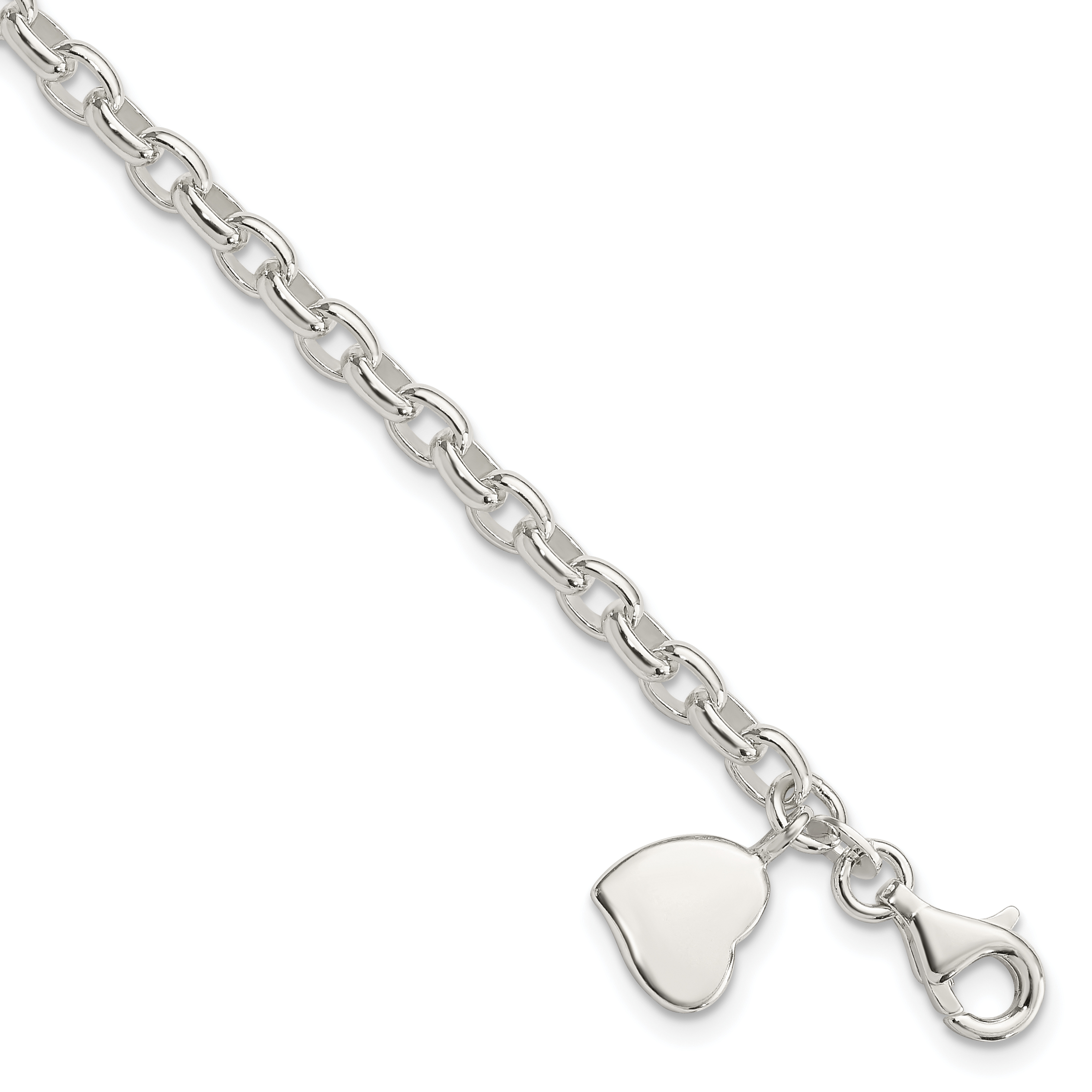 Sterling Silver Oval Rolo with Solid Engraveable Heart Bracelet (QG1575-7)