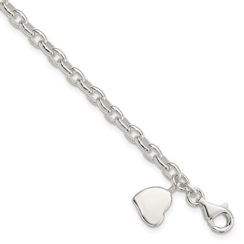 Sterling Silver Solid Engravable 9mm Heart Charm Oval Rolo Link Bracelet, 7"