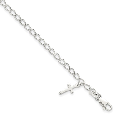 Sterling Silver Polished Latin Cross Charm with Ext. Children's Bracele, 1"