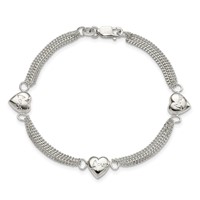 Sterling Silver Polished Multi-strand Hearts Bracelet with Love, 7" view 3