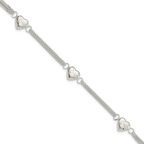 Sterling Silver Polished Multi-strand Hearts with Love 7 Inch Bracelet