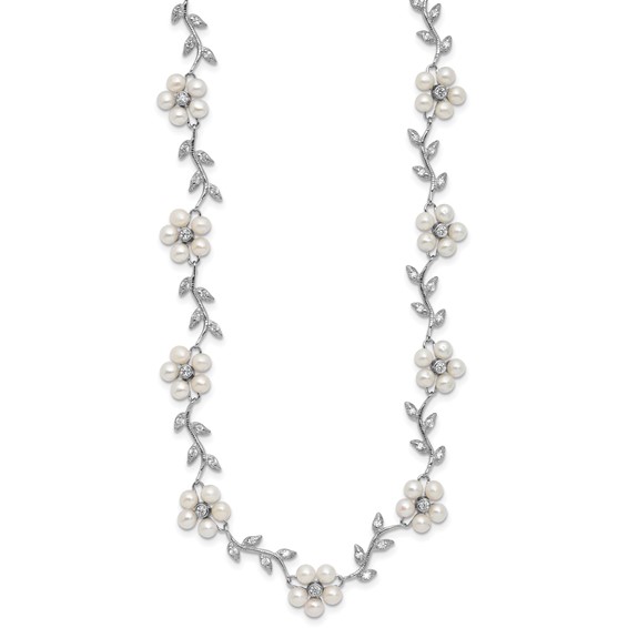 Sterling Silver Rhodium-plated CZ Vine Pattern and Fresheater Cultured Pearl Floral 7 inch Bracelet