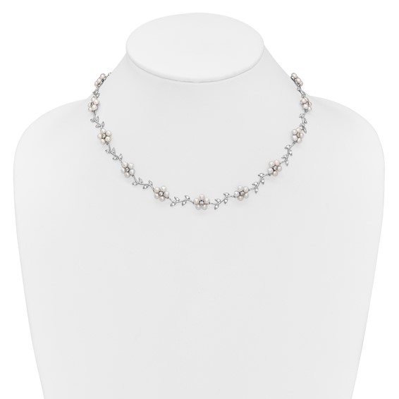 Sterling Silver Rhodium-plated CZ Vine Pattern and Fresheater Cultured Pearl Floral 7 inch Bracelet