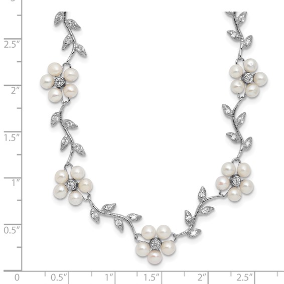 Sterling Silver Rhodium-plated CZ Vine Pattern and Fresheater Cultured Pearl Floral 7 inch Bracelet