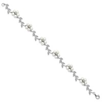 Sterling Silver Rhodium-plated CZ Vine Pattern and 3-4mm White Semi-Round Freshwater Cultured Pearl Floral Bracelet, 7" view 2