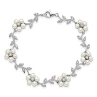 Sterling Silver Rhodium-plated CZ Vine Pattern and 3-4mm White Semi-Round Freshwater Cultured Pearl Floral Bracelet, 7" view 3