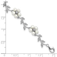 Sterling Silver Rhodium-plated CZ Vine Pattern and 3-4mm White Semi-Round Freshwater Cultured Pearl Floral Bracelet, 7" view 4