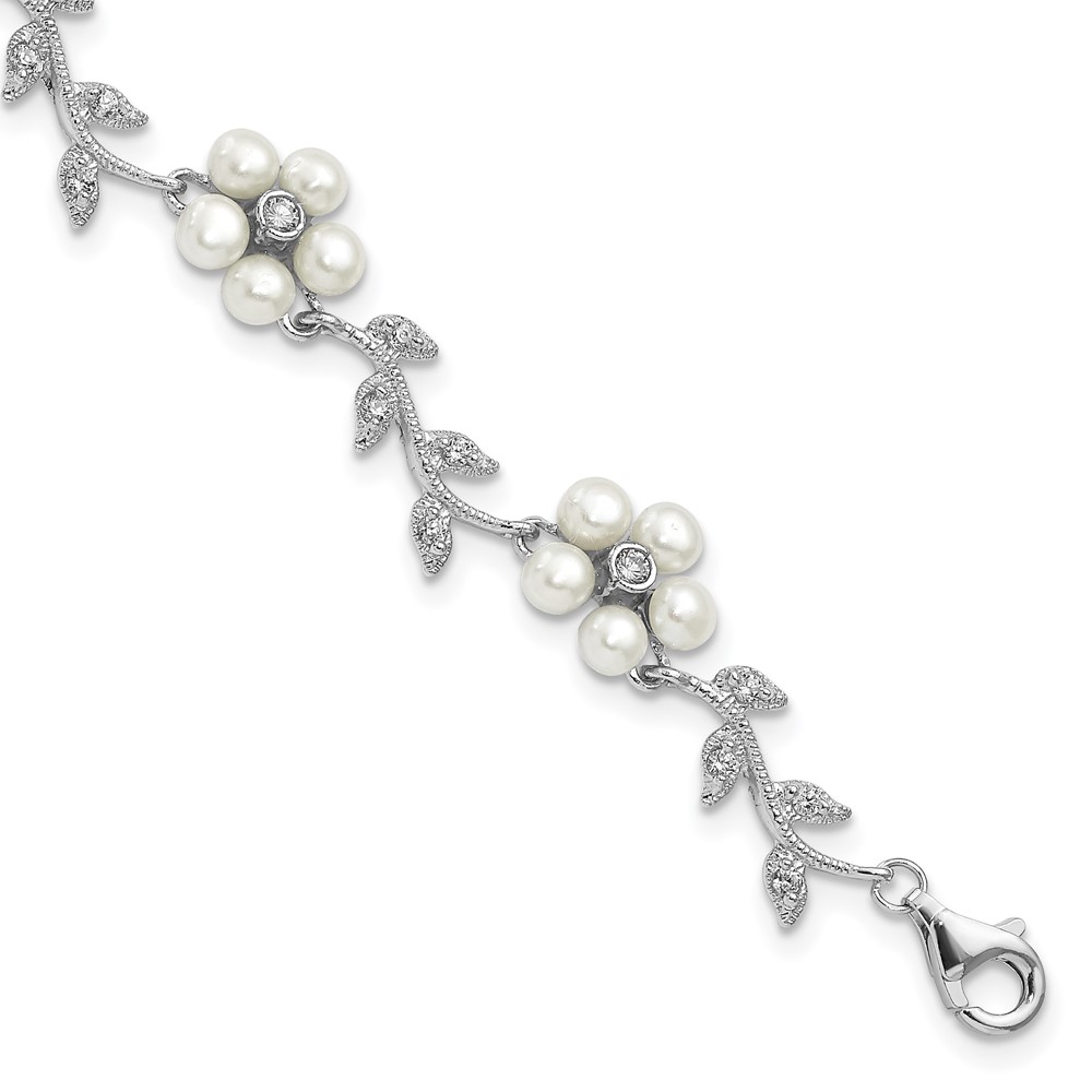 Sterling Silver Rhodium-plated CZ Vine Pattern and Fresheater Cultured Pearl Floral 7 inch Bracelet (QG1805-7)
