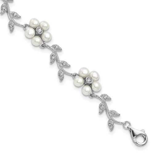 Sterling Silver Rhodium-plated CZ Vine Pattern and 3-4mm White Semi-Round Freshwater Cultured Pearl Floral Bracelet, 7"