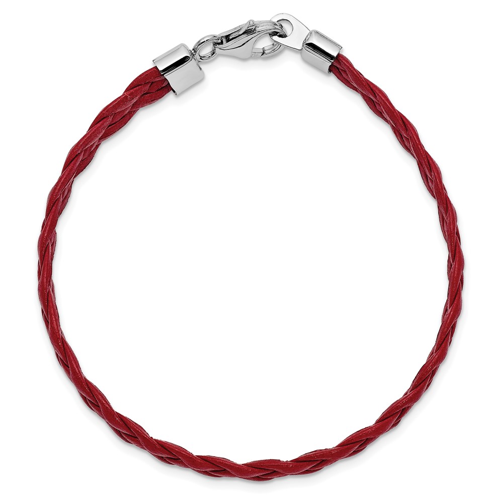 Sterling Silver Rhodium Plated Red Braided Leather 7 inch Bracelet (QG1847-7)