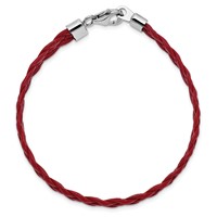 Sterling Silver Rhodium Plated Red Braided Leather Bracelet, 7" view 2