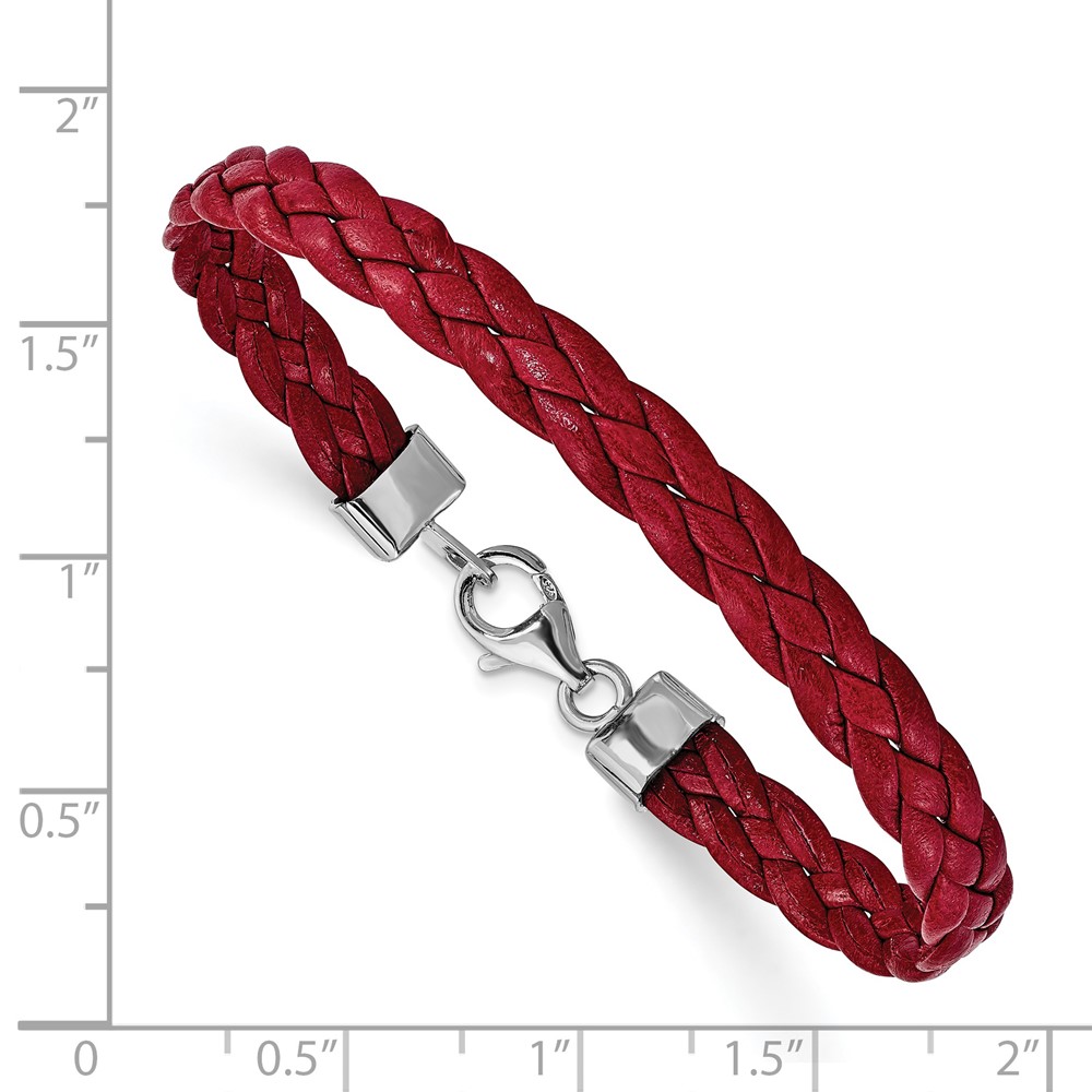 Sterling Silver Rhodium Plated Red Braided Leather 7 inch Bracelet (QG1847-7)