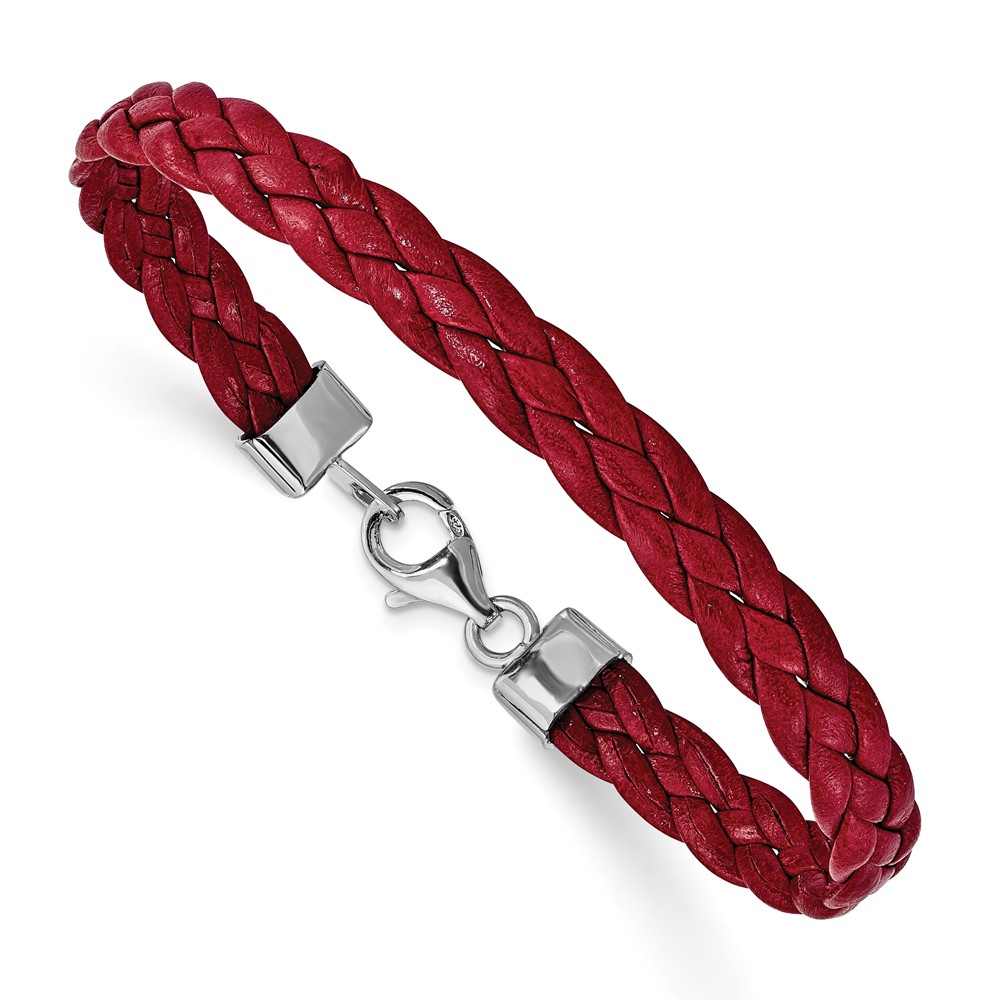 Sterling Silver Rhodium Plated Red Braided Leather 7 inch Bracelet (QG1847-7)