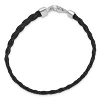 Sterling Silver Rhodium-plated Black Braided Leather Bracelet - 7in view 2