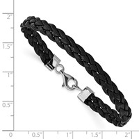 Sterling Silver Rhodium-plated Black Braided Leather Bracelet - 7in view 3