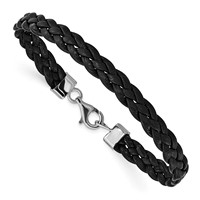 Sterling Silver Rhodium-plated Black Braided Leather Bracelet - 7in view 1