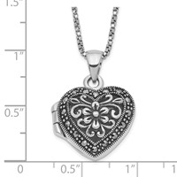 Sterling Silver Rhodium-plated Floral Marcasite 18mm Heart Locket Necklace, 18" view 4