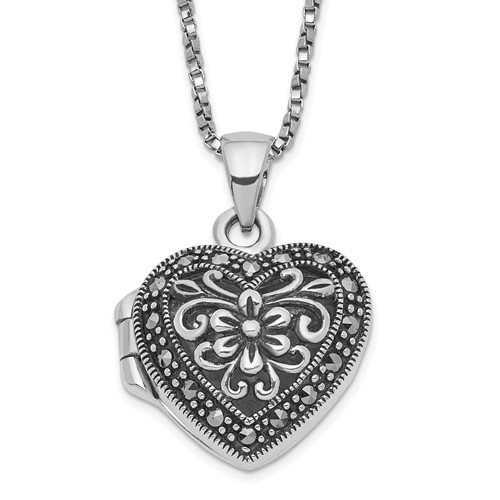 Sterling Silver Rhodium-plated Floral Marcasite 18mm Heart Locket Necklace, 18"