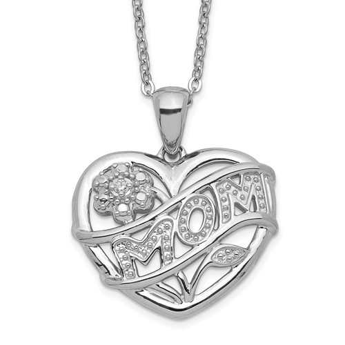 Sterling Silver Rhodium-plated Mom in Heart Necklace with CZ Flower, 18"